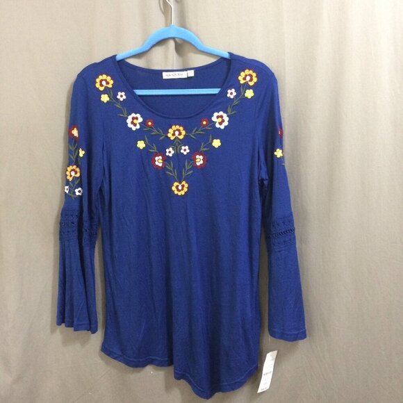 Hannah Embroidered Top Flowers Scoop Neck Long Sleeve Crochet Inserts NEW NWT M - Picture 1 of 6